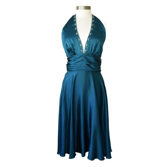 Teal Silk Halter Midi Dress Embellished Backless - Picture 2 of 10